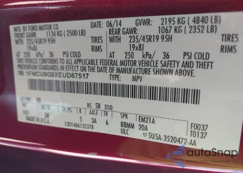 2014 Ford Escape Se z USA, uszkodzony, nr VIN 1FMCU9G9XEUD87517